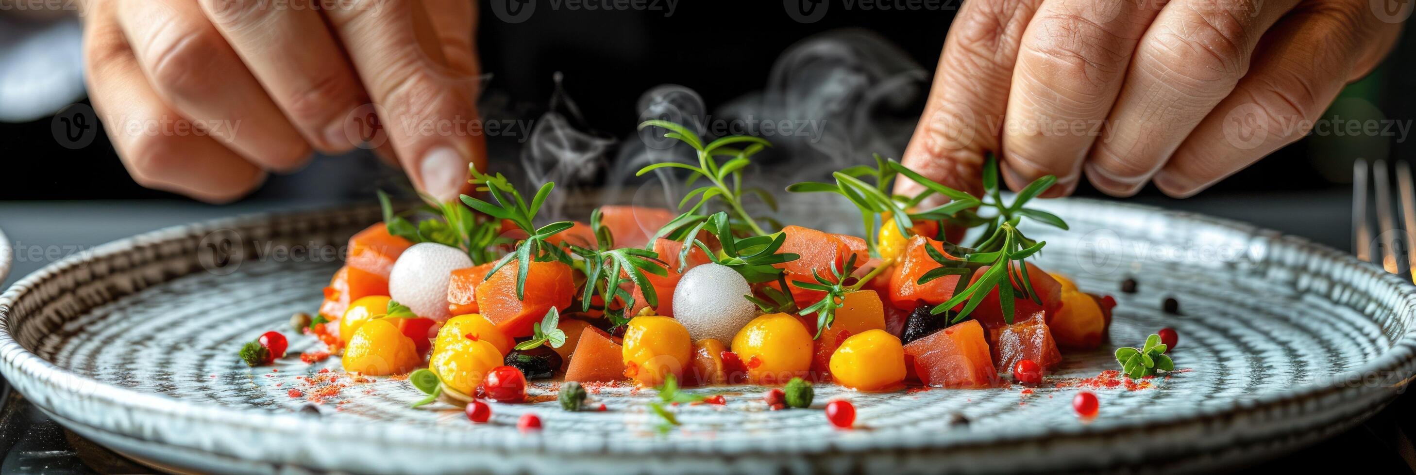 An individual is skillfully preparing a plate of delicious food on a table photo