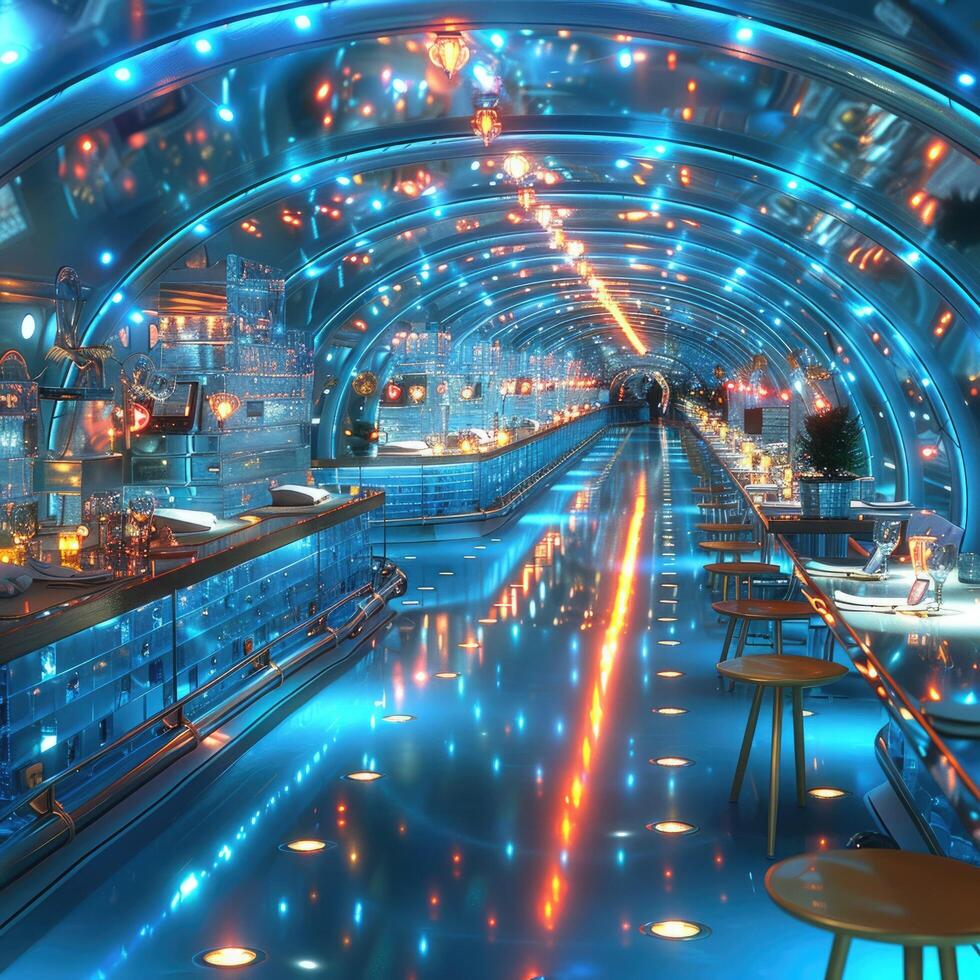 A long and expansive hallway that features a significant number of lights photo