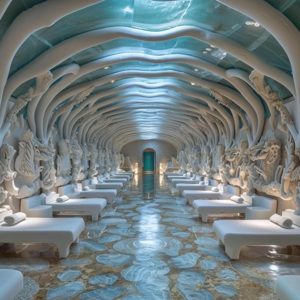 A long and expansive hallway that features numerous beds placed within it photo