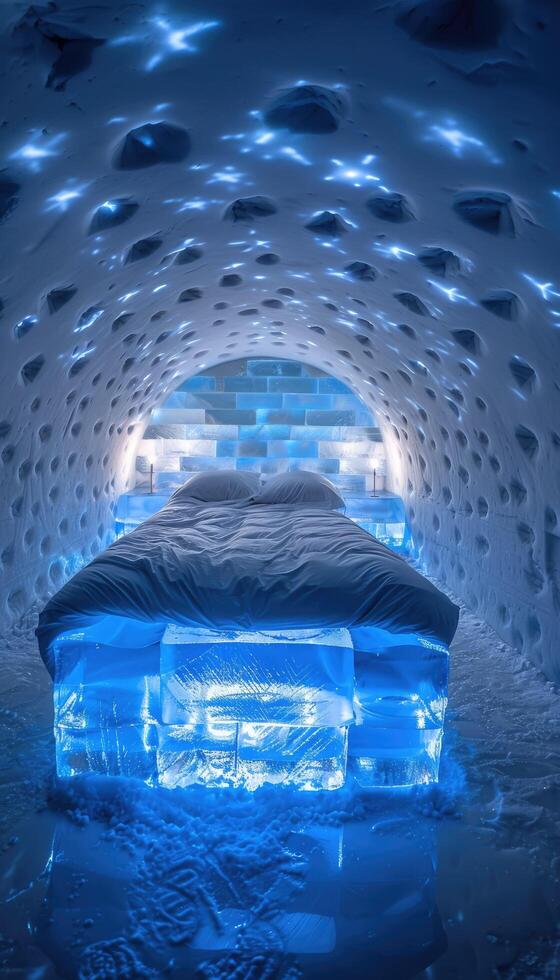A stunning bed constructed entirely from ice cubes located within a tunnel photo