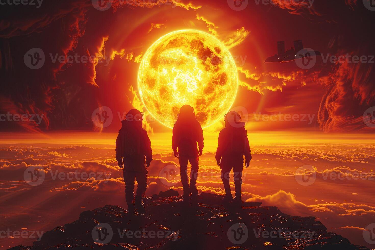 Three astronauts are standing together in front of a large sun photo