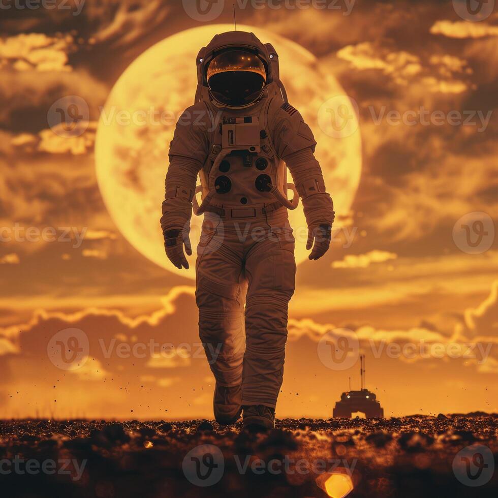 A pixel art depiction of an astronaut walking in front of a large, full moon photo