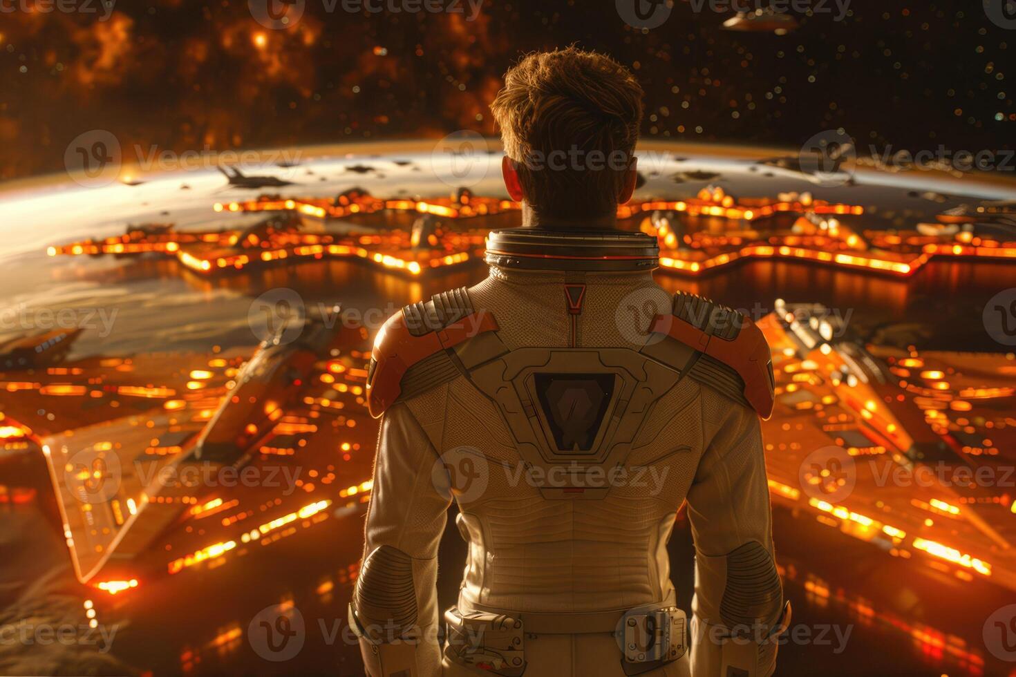 A man dressed in a space suit is gazing thoughtfully at the earth photo