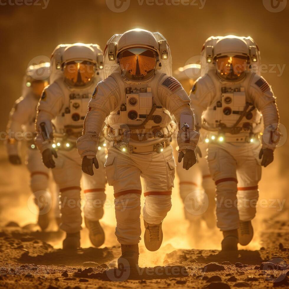 A group of astronauts are walking through a vast desert landscape photo