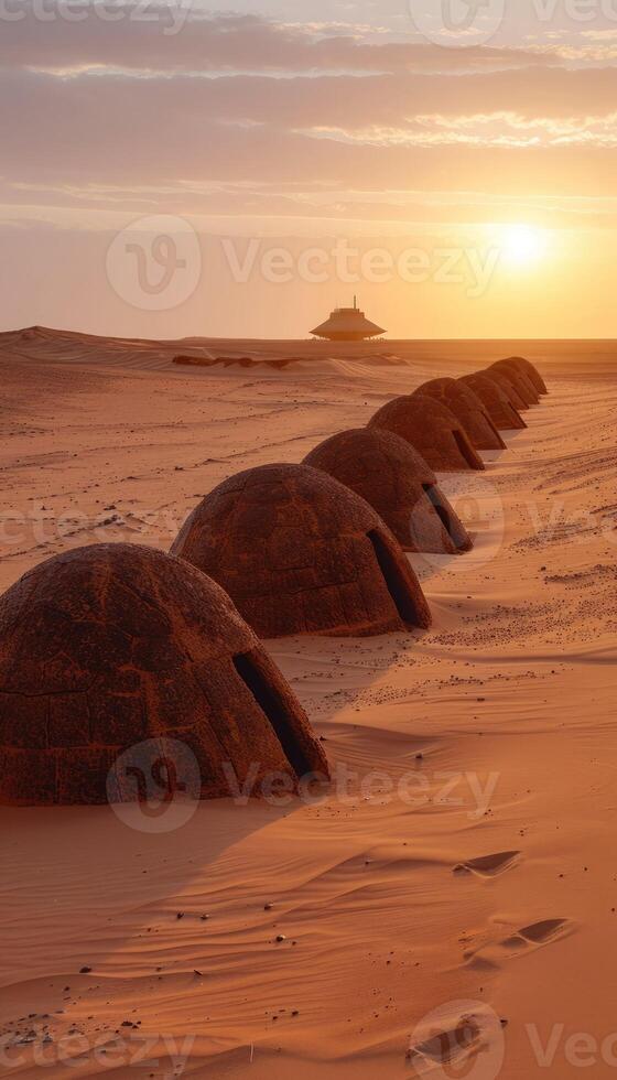 A picturesque row of simple huts situated in the desert during sunset photo