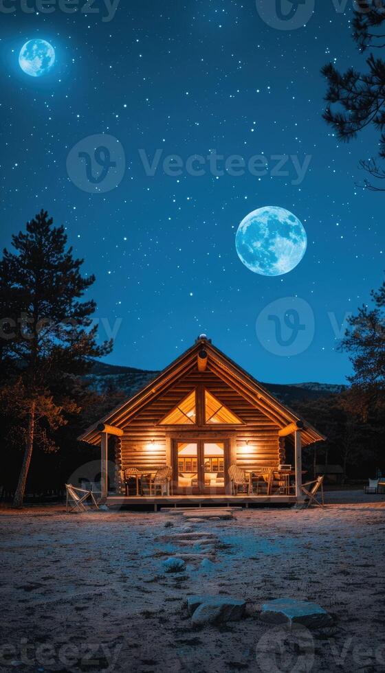 A rustic log cabin is illuminated at night by a bright full moon photo