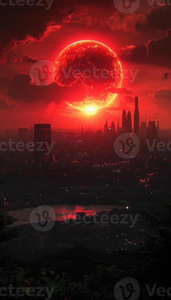 A large, vibrant red moon is majestically rising over a bustling city at night photo