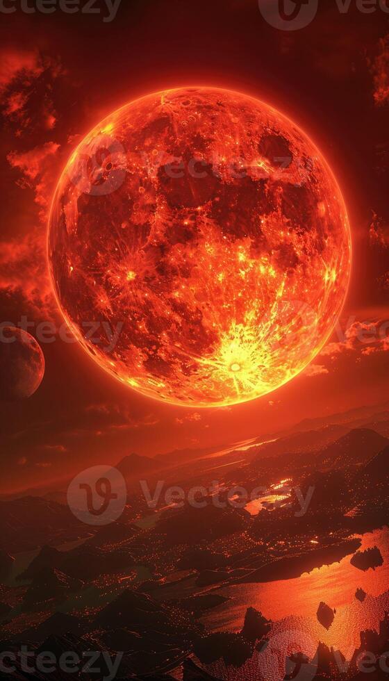 A large and vivid red full moon is majestically rising above a city photo