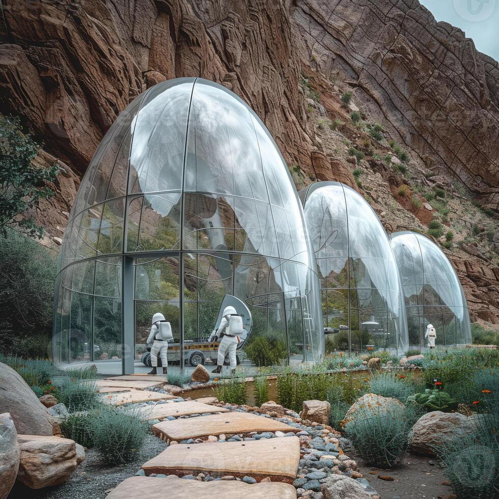A group of astronauts is standing in front of a large glass dome photo