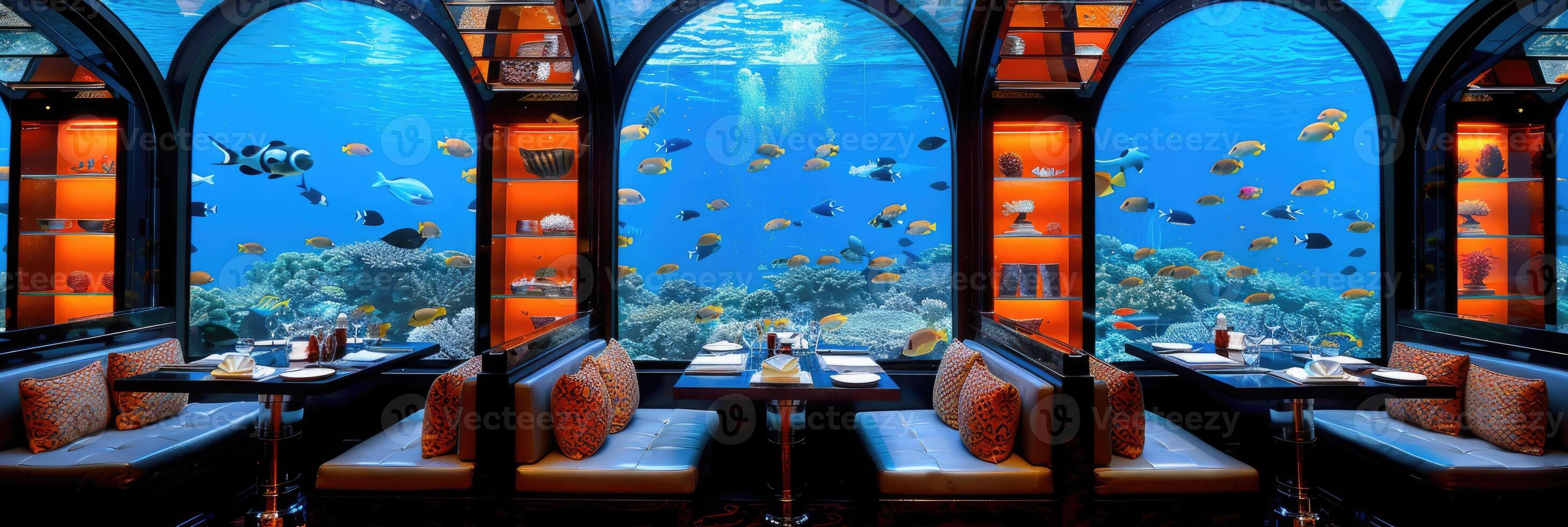 An Unforgettable Underwater Dining Experience Surrounded by Colorful Marine Life and Ecosystem photo