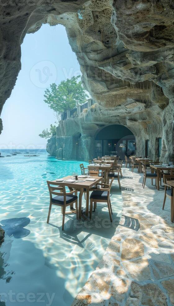 Tables and chairs are positioned inside a cave with an view of the ocean photo