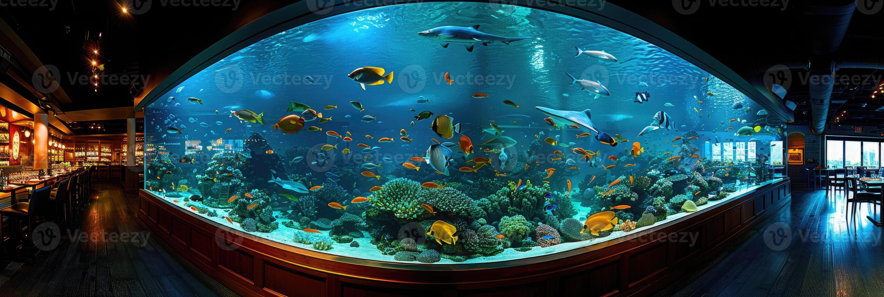 Enjoy a vibrant aquarium with beautiful fish and corals, enhancing a delightful dining experience photo