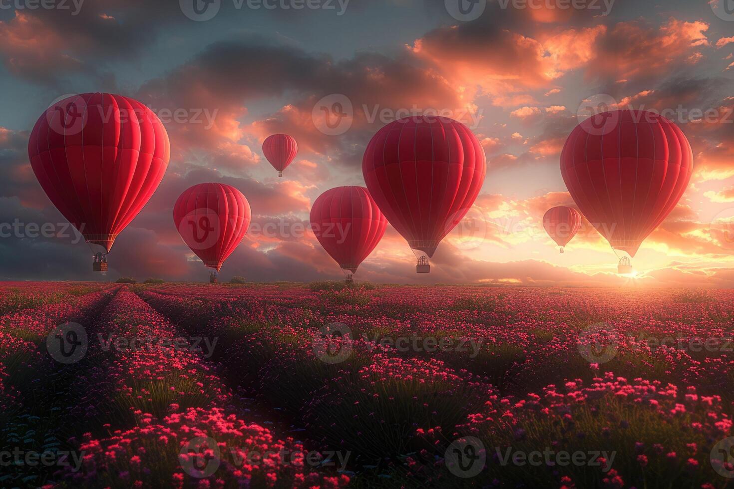 Red hot air balloons soaring over a field of vibrant pink flowers photo