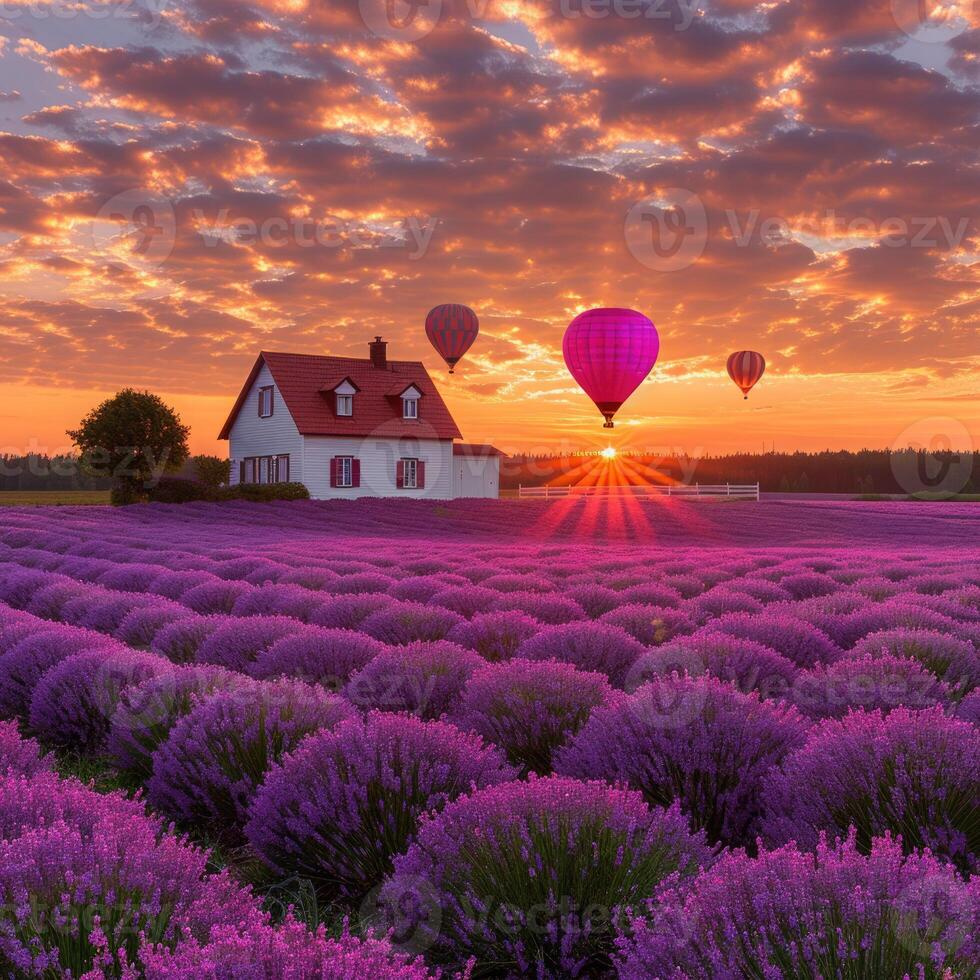 Witness hot air balloons soaring over a lavender field lit by the vibrant hues of sunrise photo