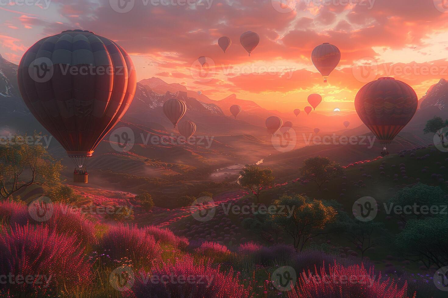 Colorful hot air balloons soar over a field of blooming flowers photo