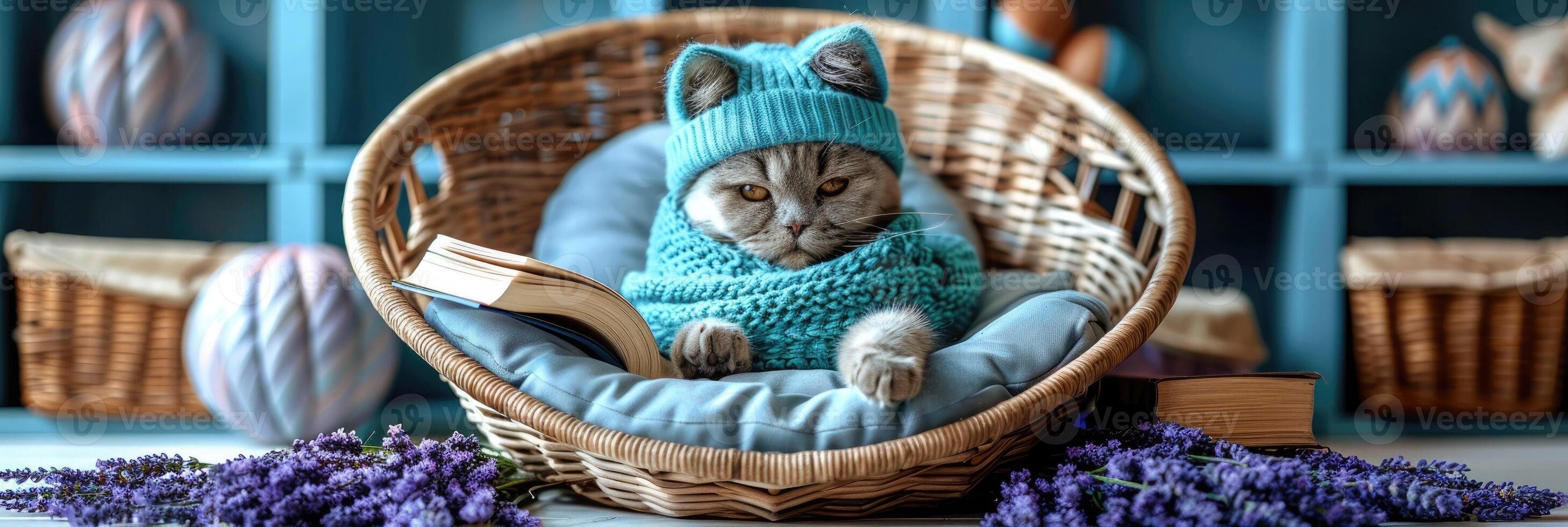 A Cozy Cat Snuggled in a Knitted Hat and Sweater, Enjoying Relaxation at Home Sweet Home photo