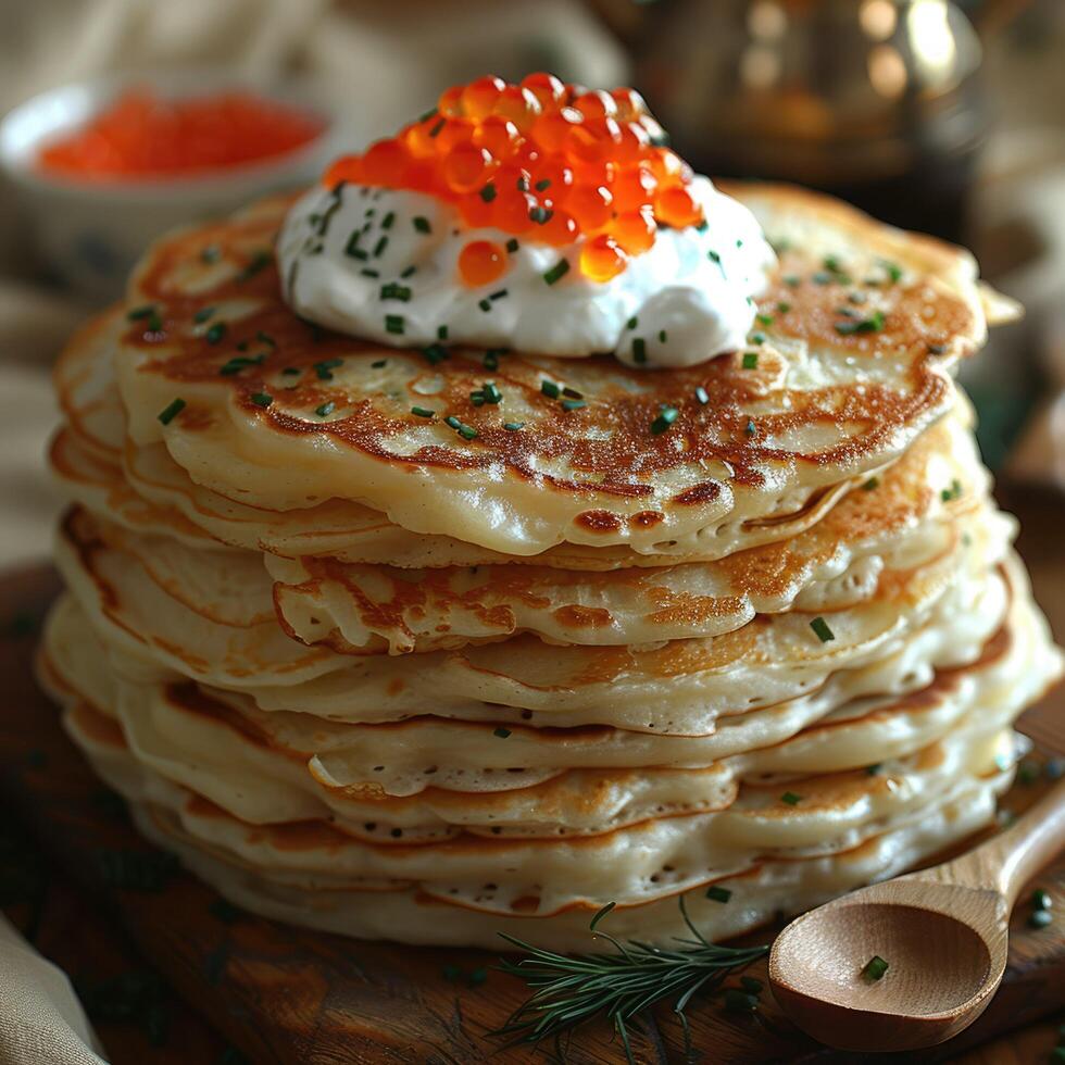 fried pancakes with red caviar photo