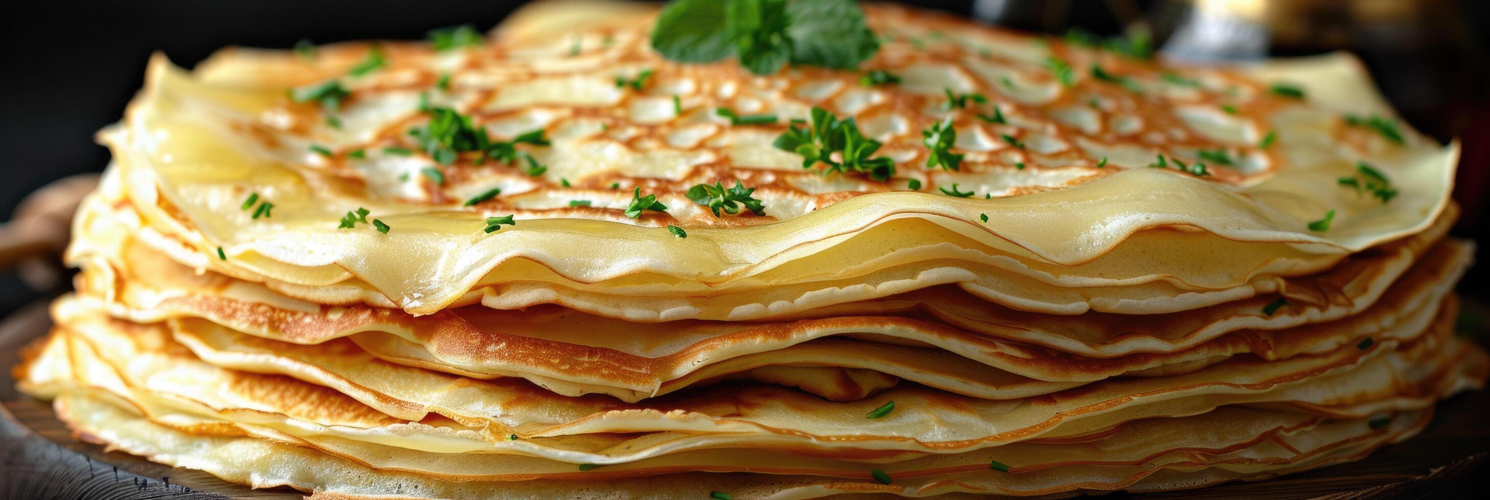 Close up of a delicious stack of pancakes topped with parsley photo