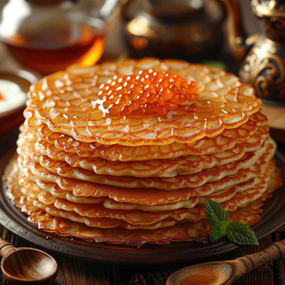 fried pancakes with red caviar photo