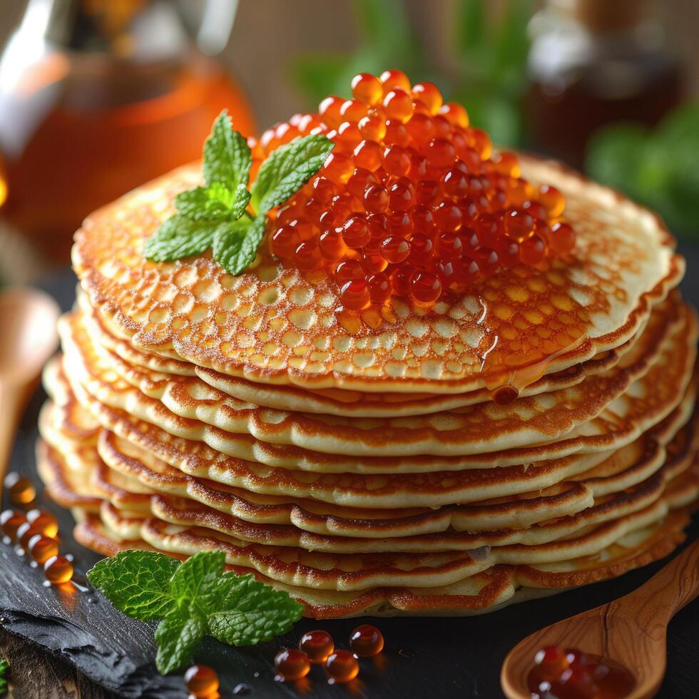 fried pancakes with red caviar photo