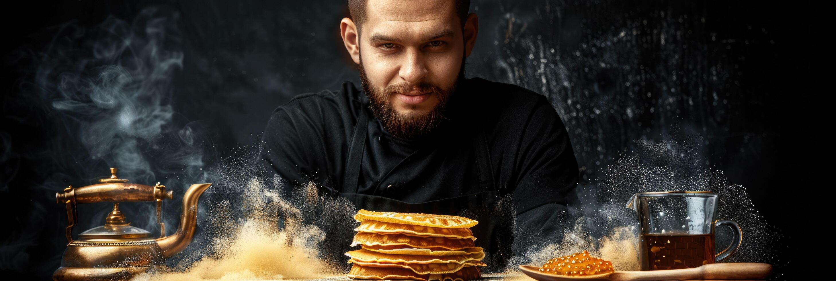 A man is sitting at a wooden table with a tall stack of pancakes on it photo
