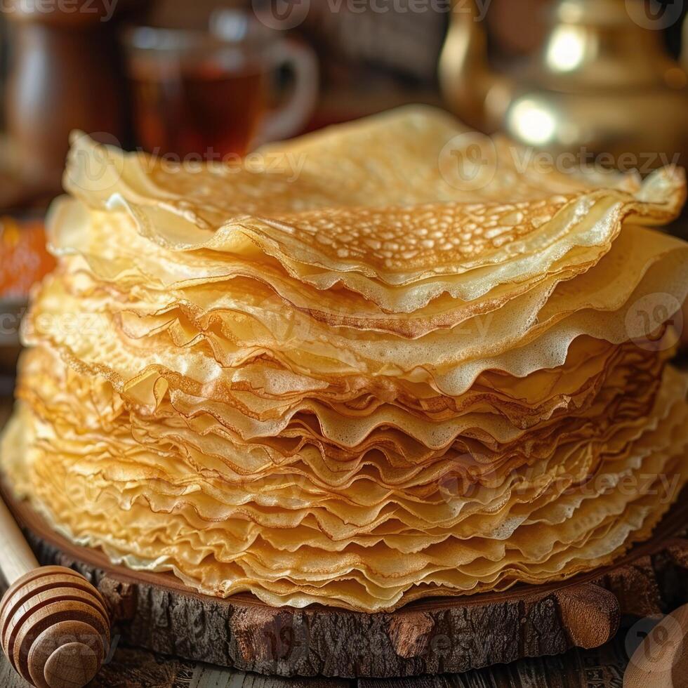 Close up of a delicious stack of pancakes topped with parsley photo