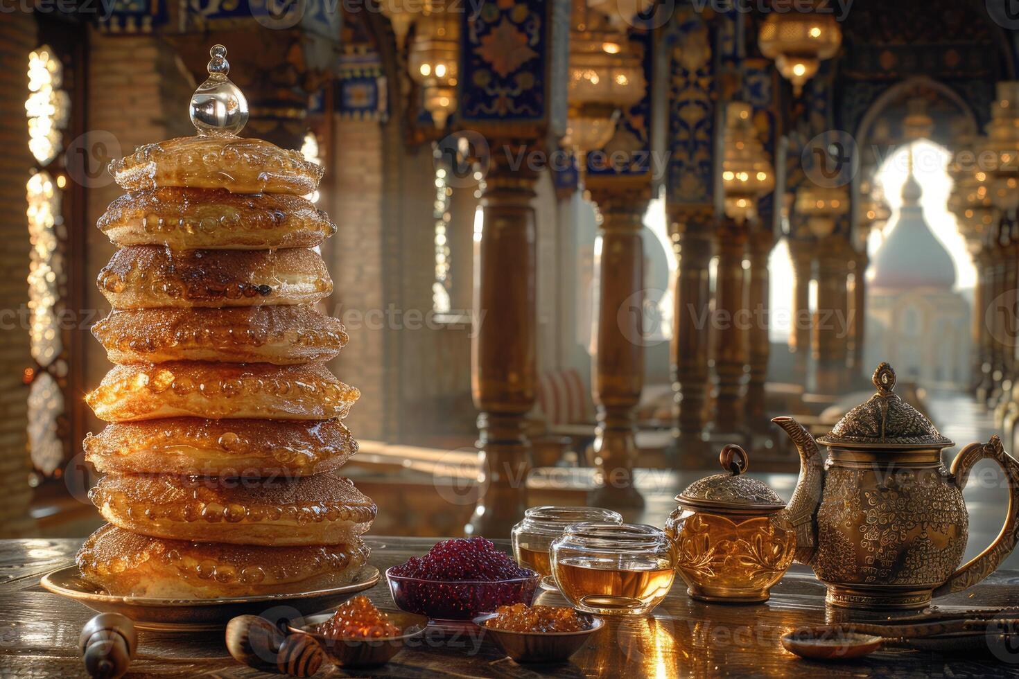 A tall stack of delicious pancakes rests on a table beside a teapot photo