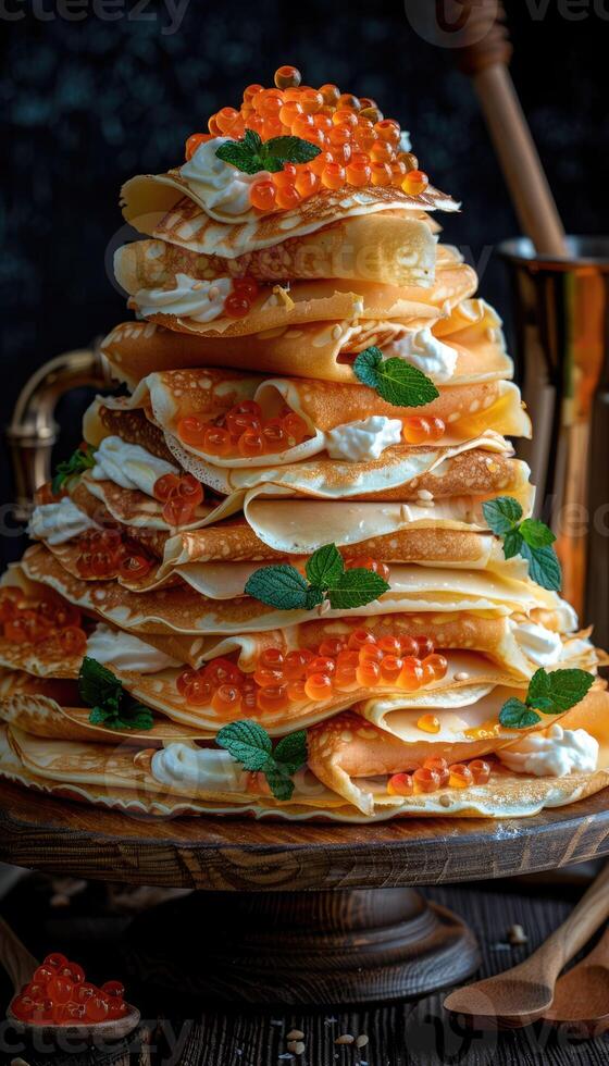 fried pancakes with red caviar photo
