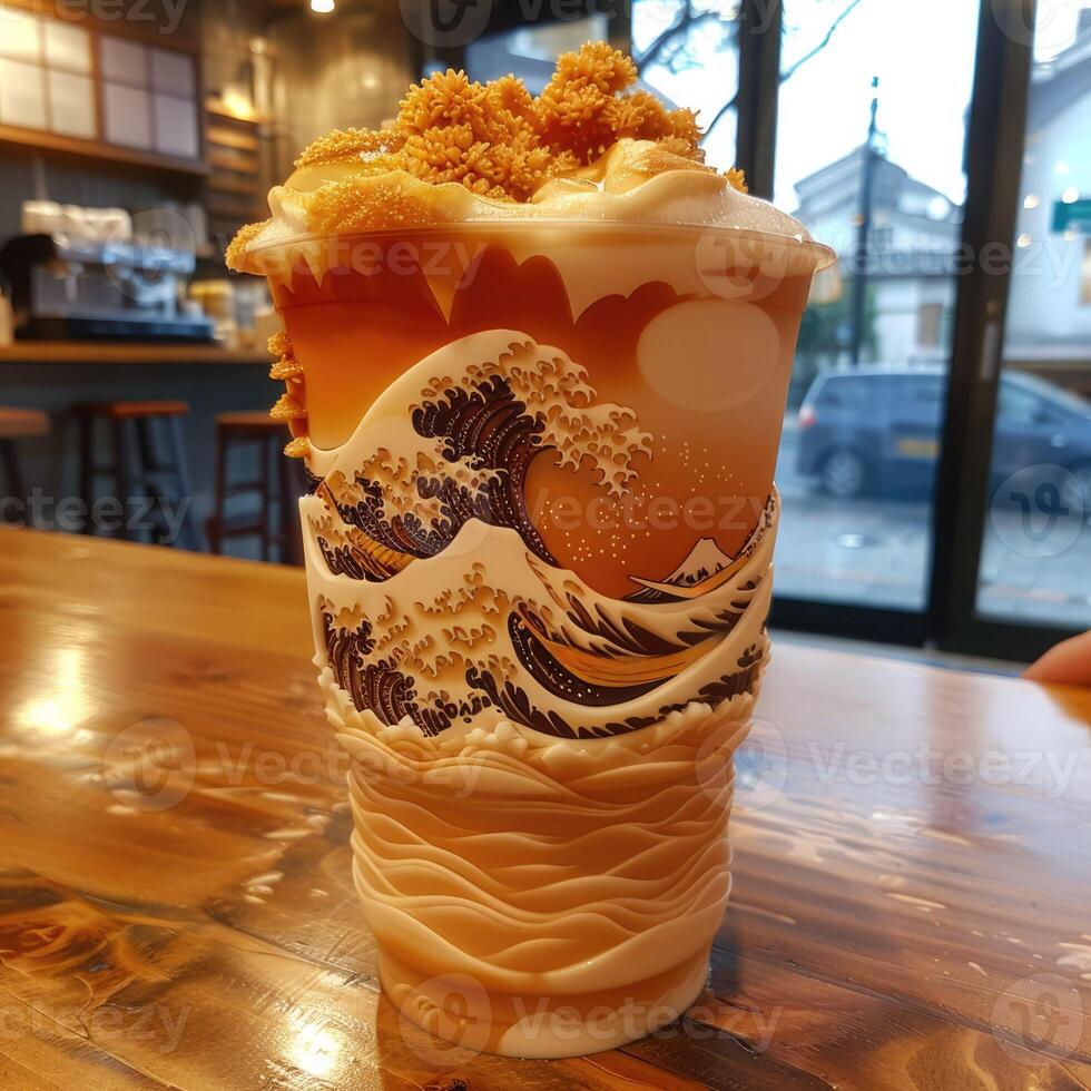 A beautifully designed cup with an elegant wave pattern on wood photo
