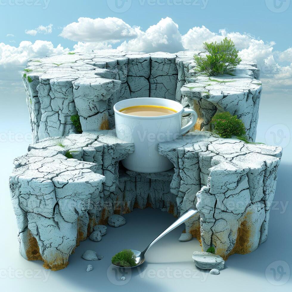 A surreal landscape with a coffee cup in cracked terrain, evoking wonder and creativity photo
