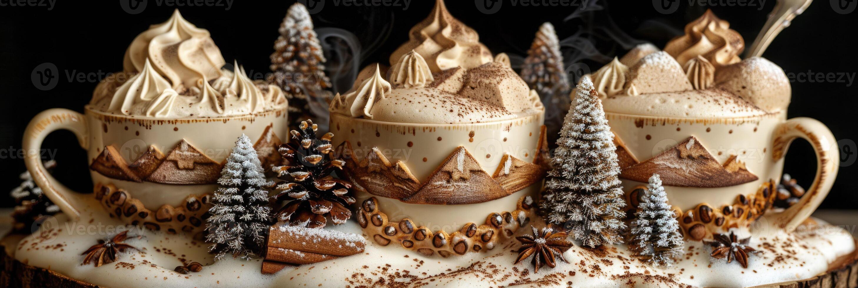 Three cups of hot chocolate with meringue and Christmas trees photo