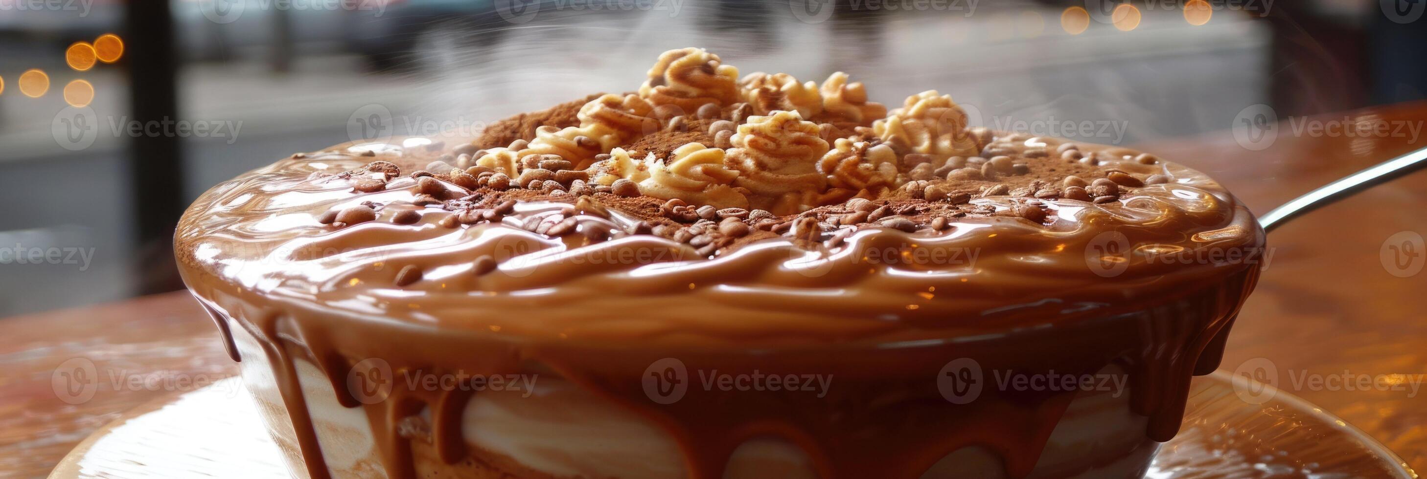 Enjoy a Delicious Chocolate Dessert with delightful Caramel Topping and Crunchy elements photo