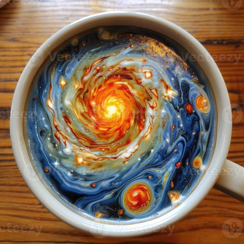 Cosmic Coffee A Captivating Galaxy Nested Within a Warm and Inviting Cup of Brewed Magic photo