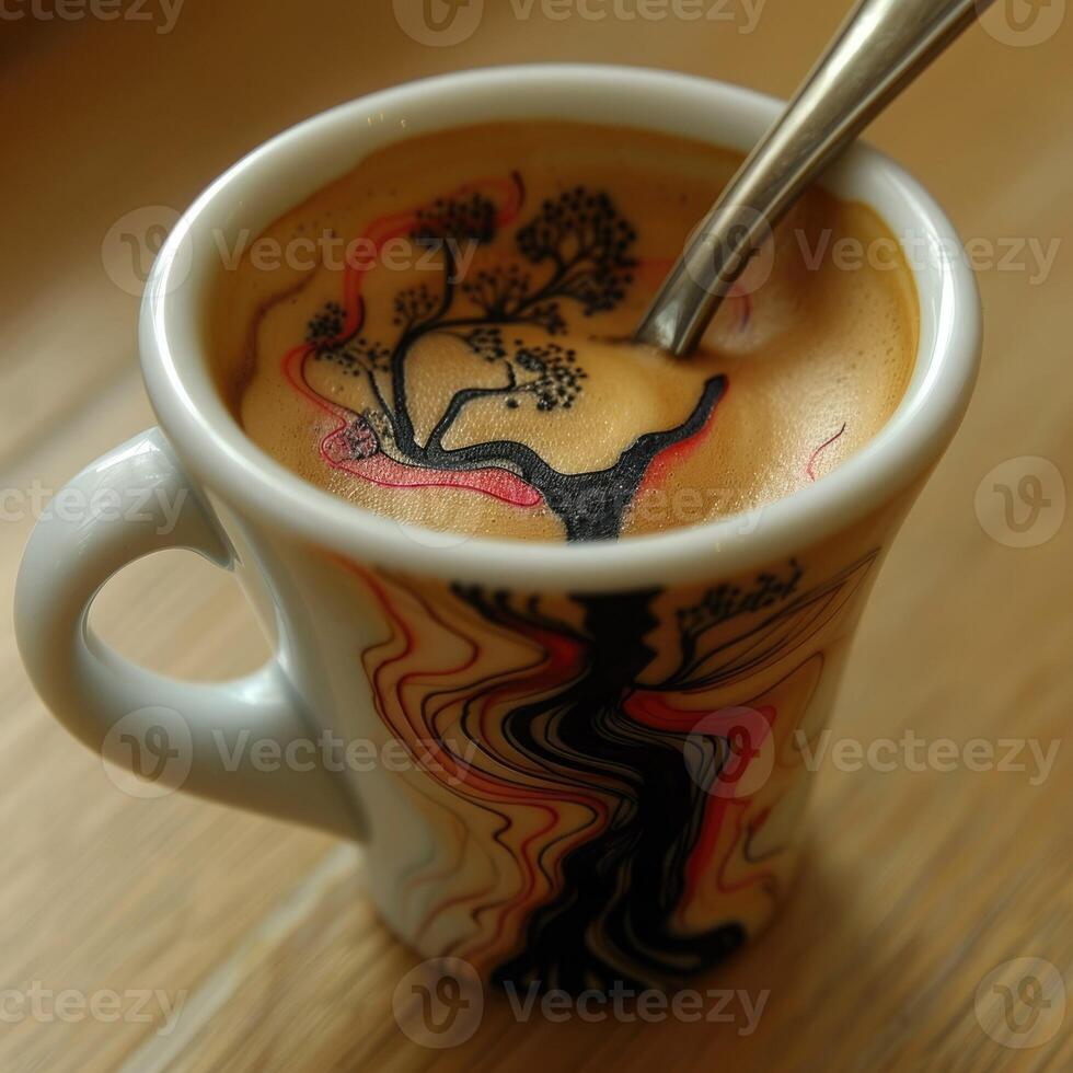 A cup of hot coffee with a spoon resting inside it on the table photo
