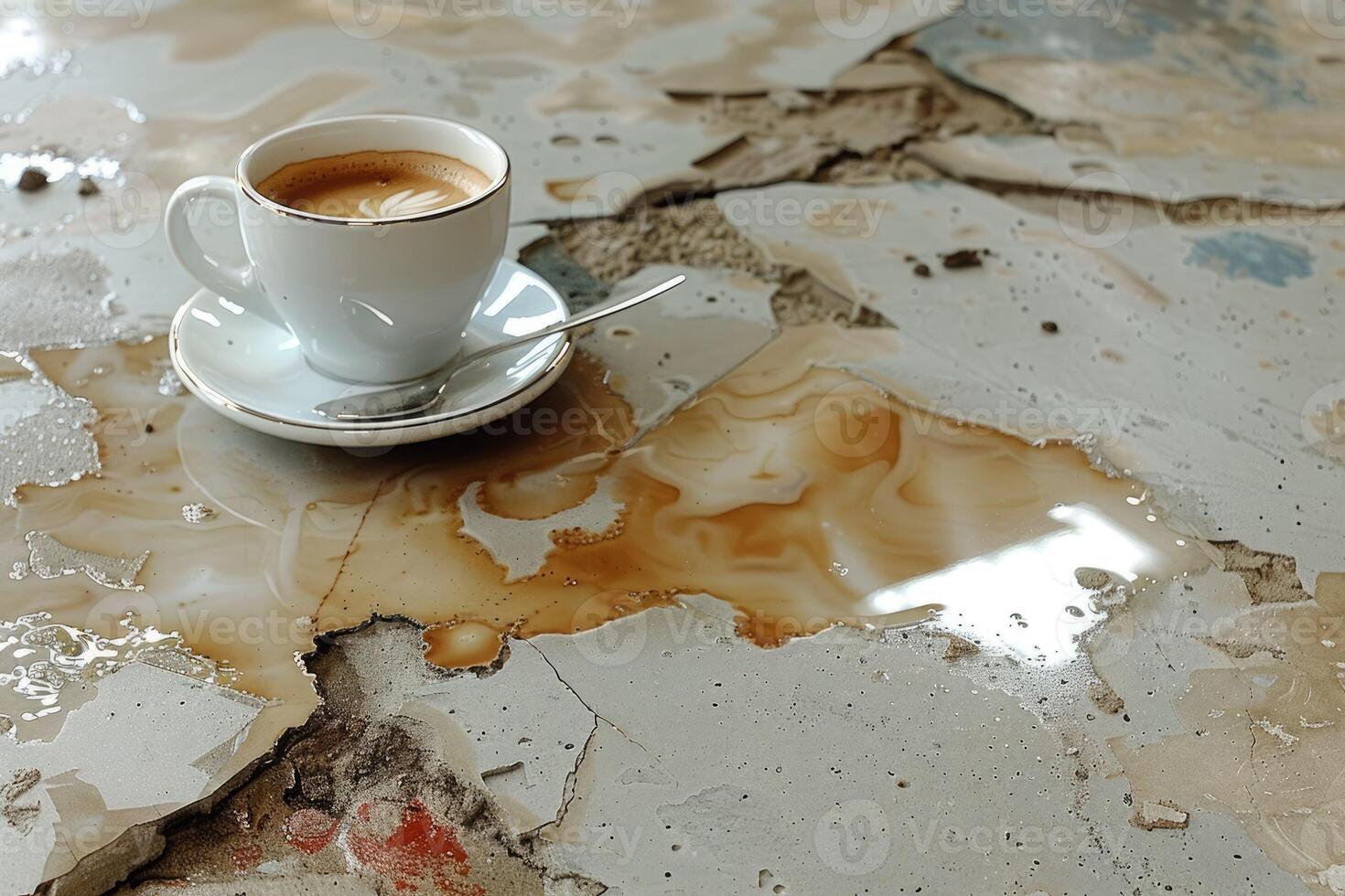 A warm cup of coffee beautifully placed on a saucer with a spoon photo