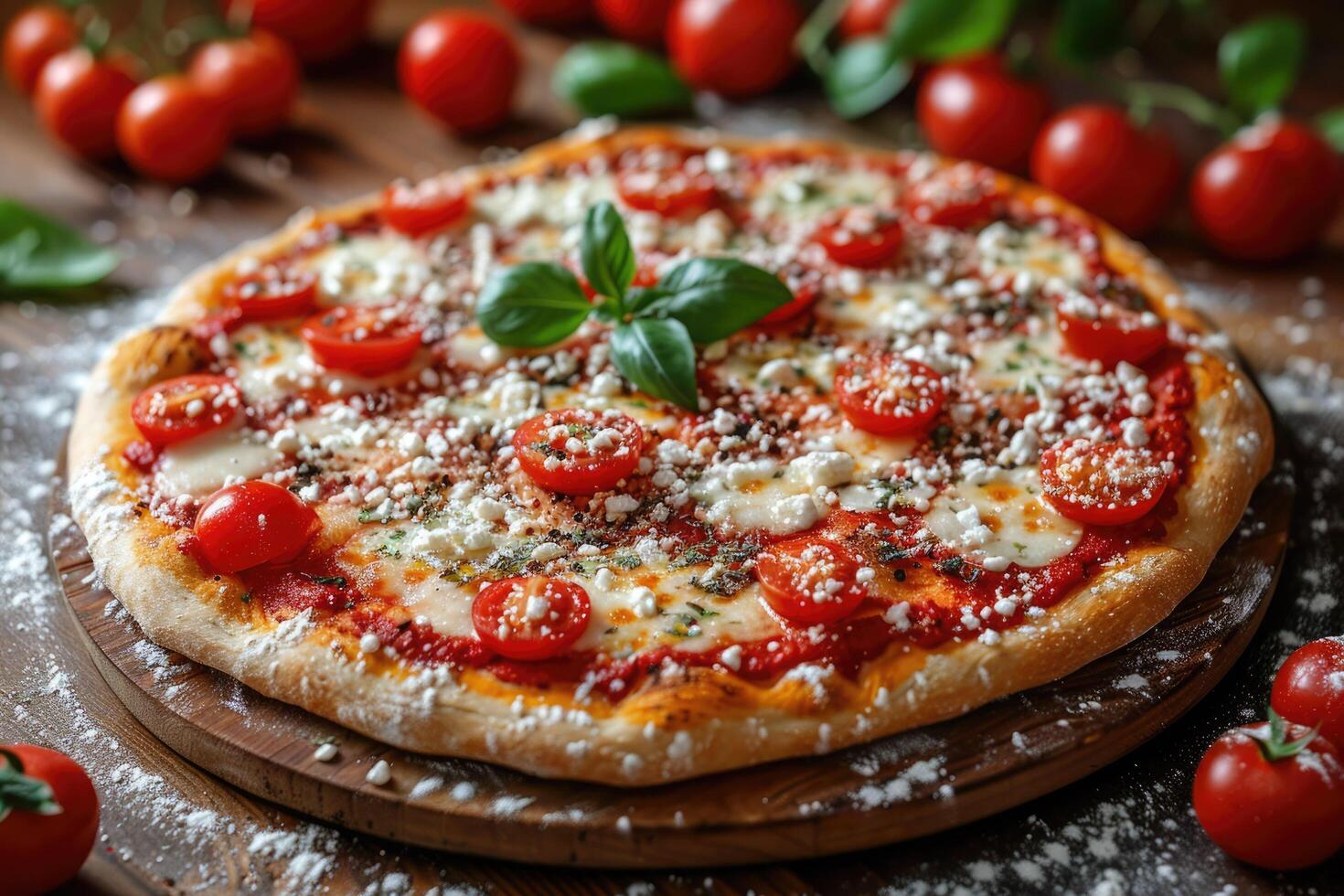 Enjoy a delicious and classic Margherita Pizza that is freshly baked to perfection and delightful photo