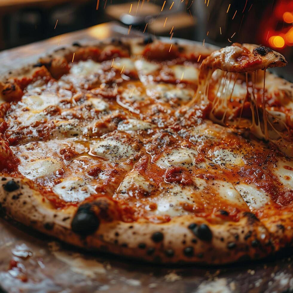 Enjoy a delicious and classic Margherita Pizza that is freshly baked to perfection and delightful photo