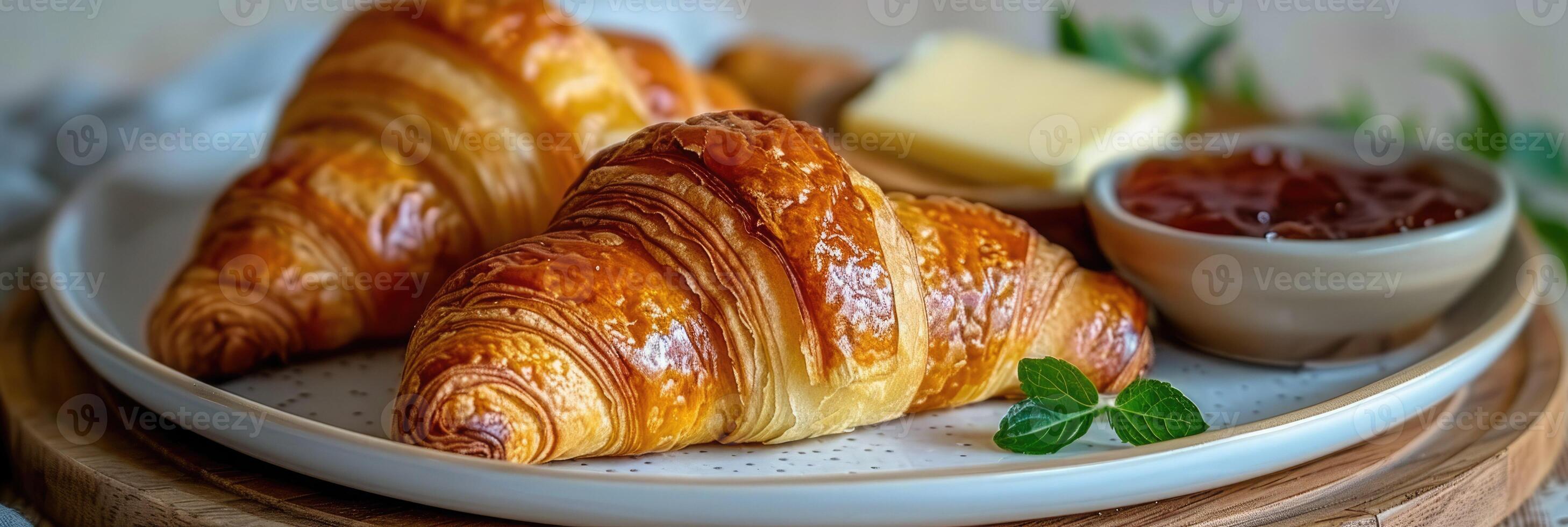 A baked Croissant on a Wooden Board, served with Butter and Fresh Fruit for breakfast photo