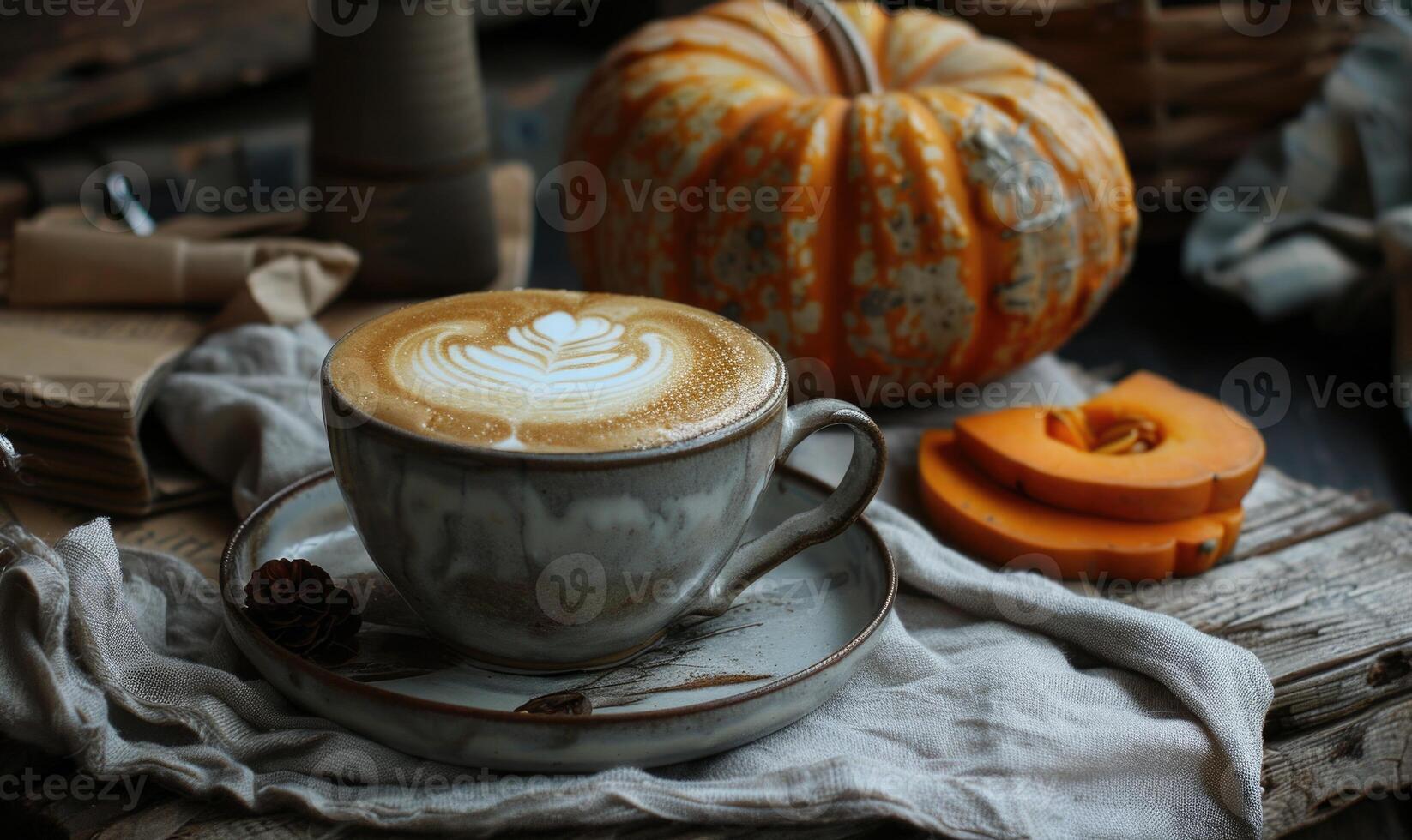 A cappuccino with a side of pumpkin slices photo