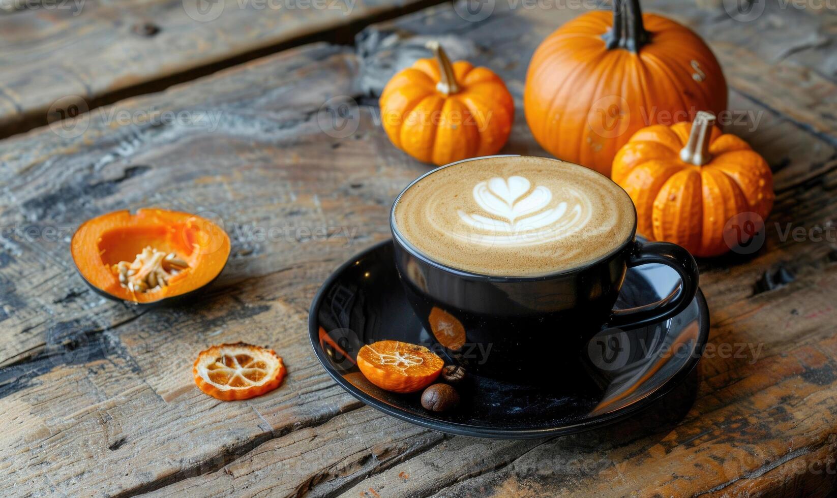 A cappuccino with pumpkin slices and small pumpkins photo