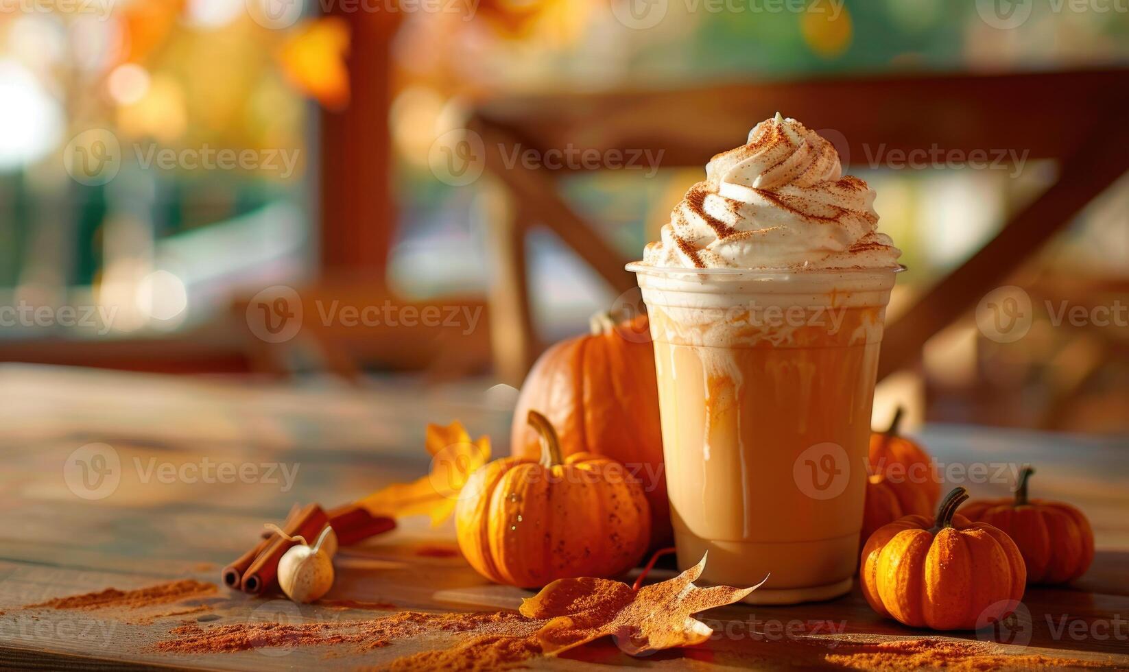 A cappuccino with pumpkin slices and small pumpkins photo