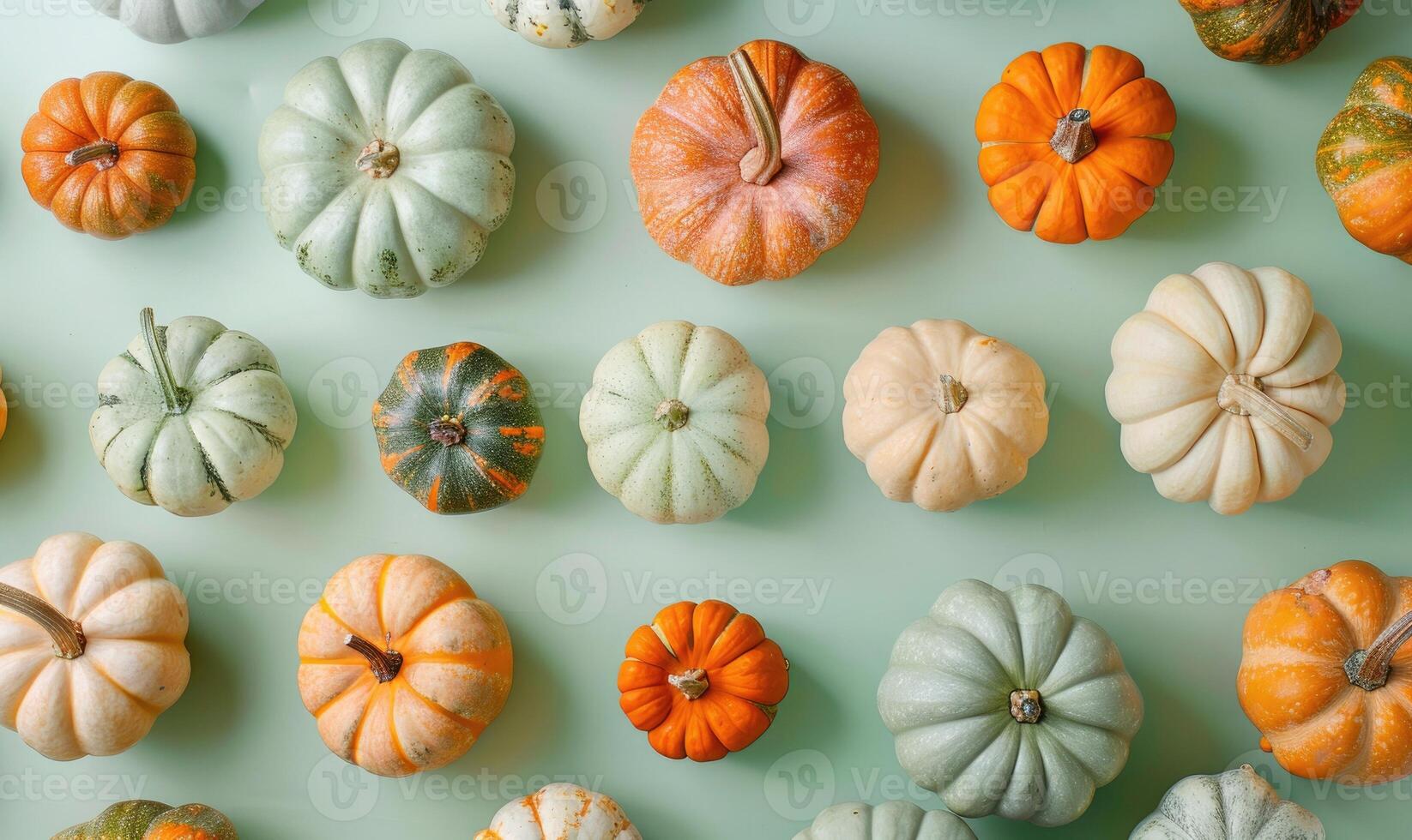 A collection of pumpkins on a pastel green background photo