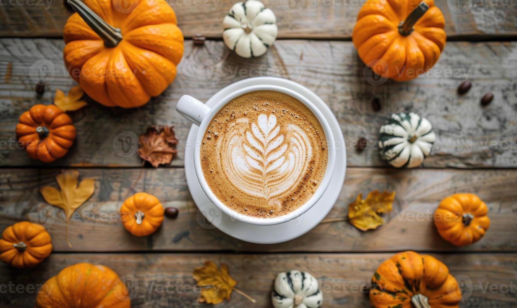 A cup of coffee with a pumpkin spice latte, surrounded by small pumpkins photo