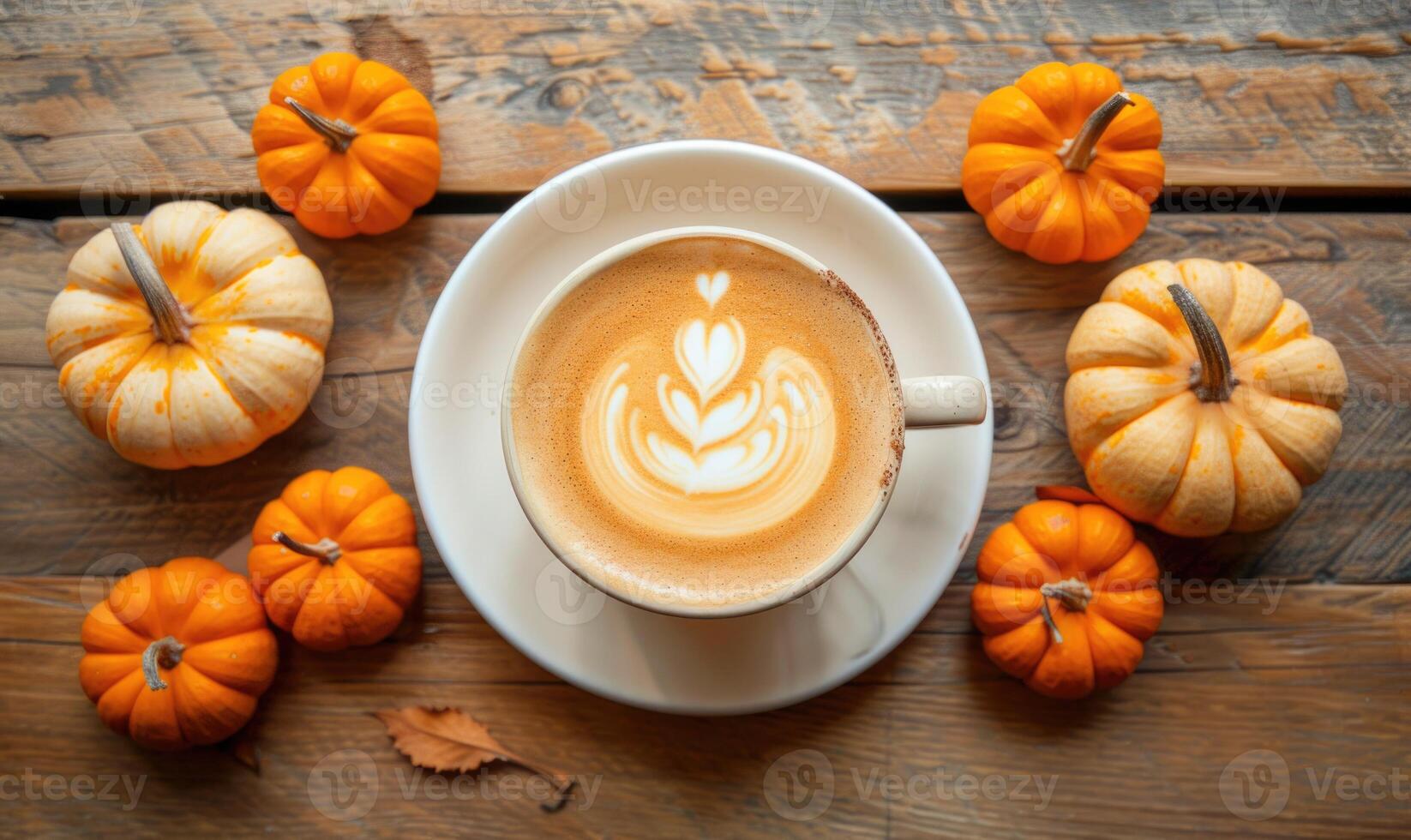 A cup of coffee with a pumpkin spice latte, surrounded by small pumpkins photo