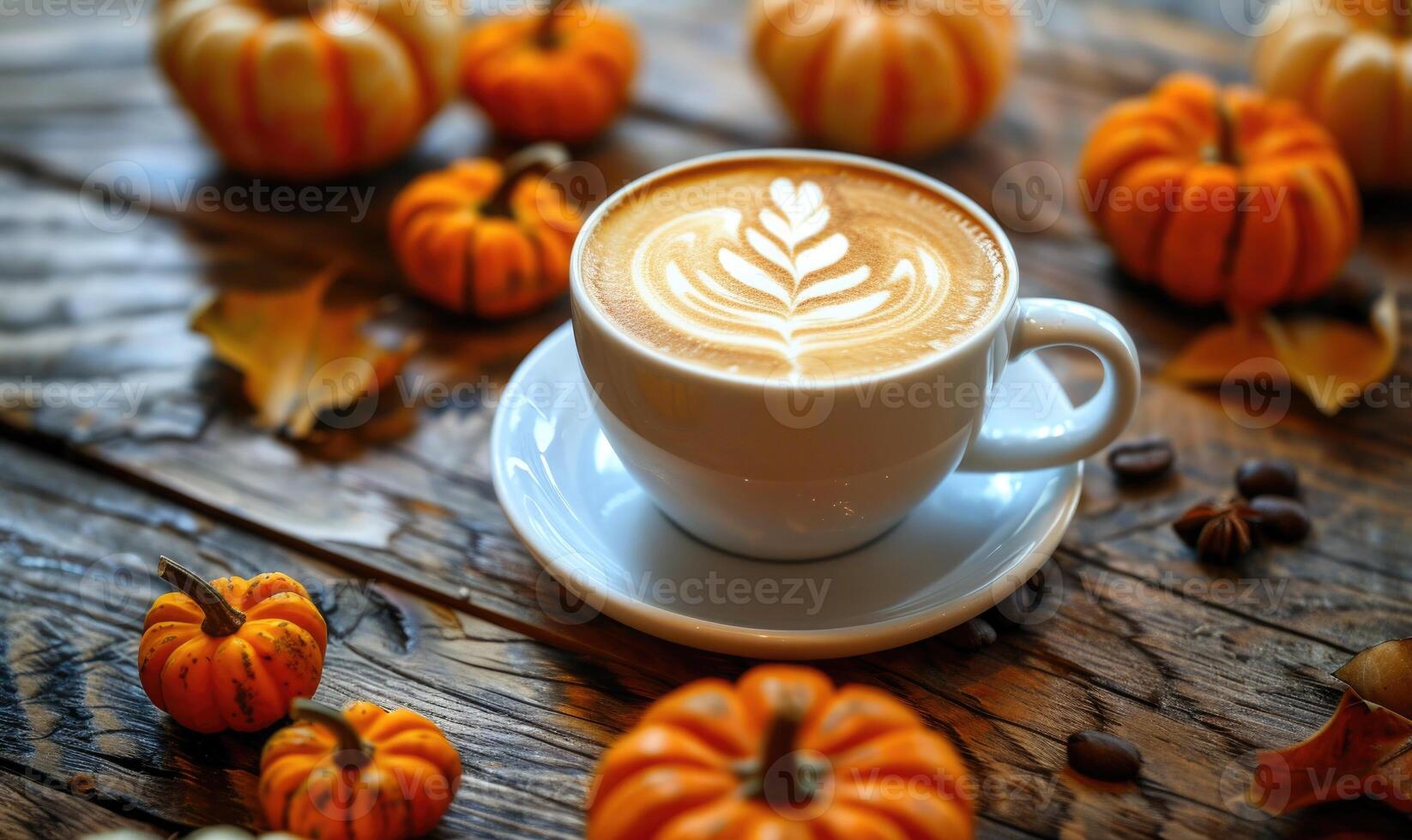 A cup of coffee with a pumpkin spice latte, surrounded by small pumpkins photo