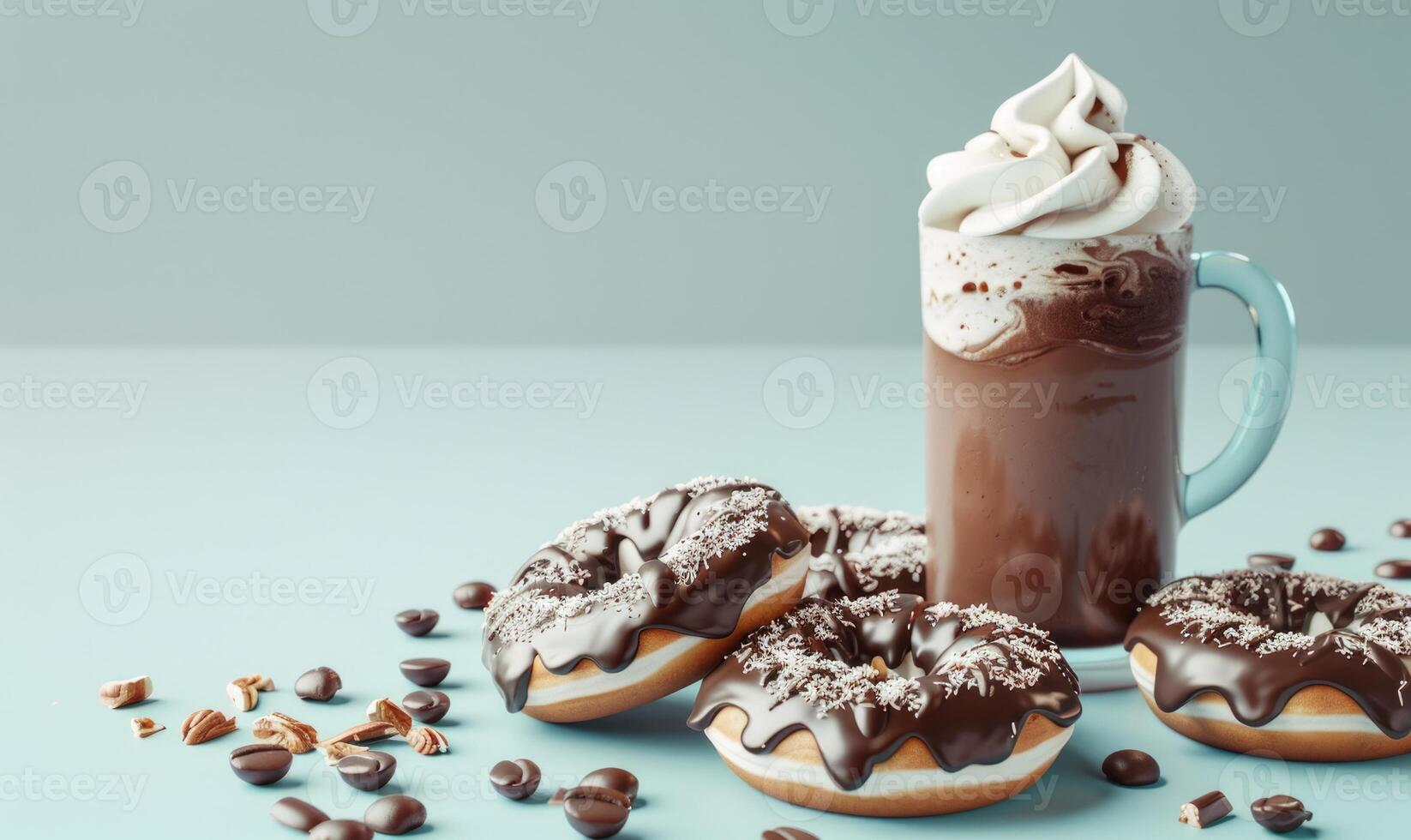 An image of chocolate-covered donuts on a light blue background, with a creamy coffee milkshake topped with whipped cream photo