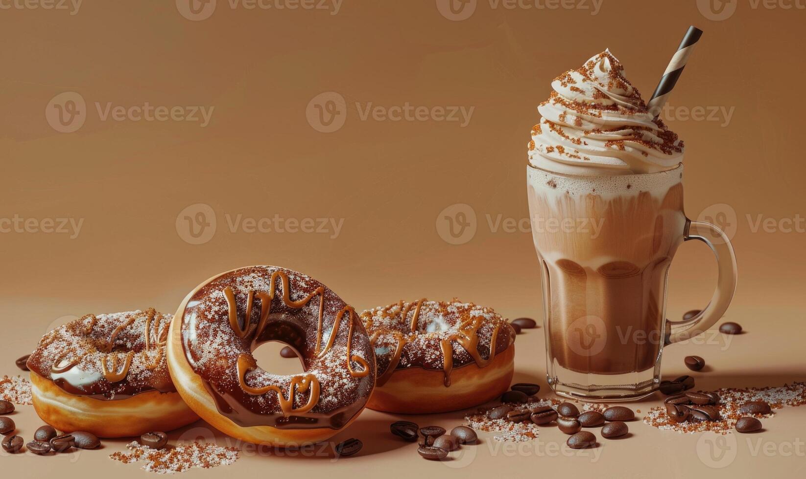 An image of coffee-flavored donuts on a pastel beige background photo