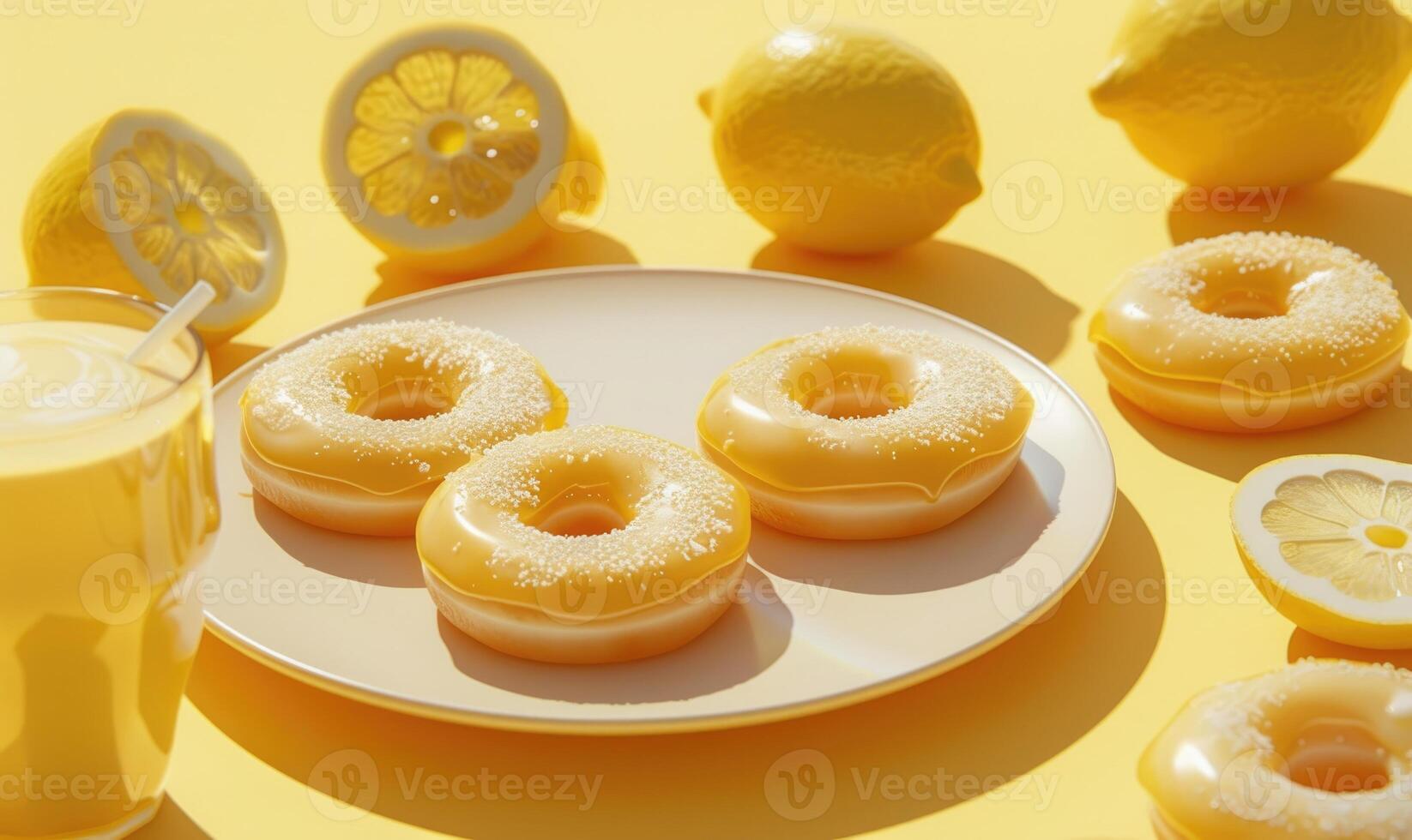 An image of lemon-glazed donuts on a light yellow background photo