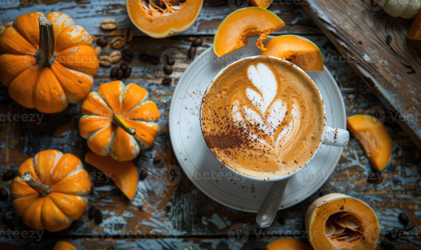 A cappuccino with a side of pumpkin slices photo