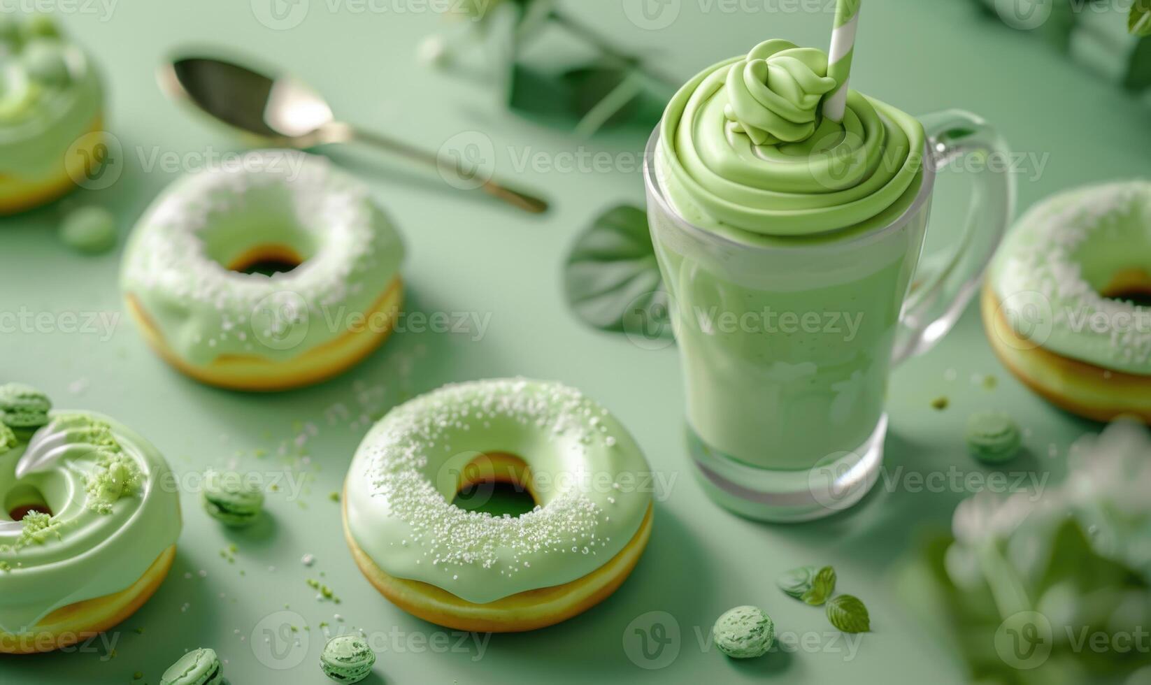 Donuts with pistachio glaze on pastel tone photo